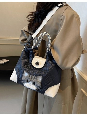 Bolso Tote Acolchado para Mujer Gran Capacidad Lindo Bordado de Gato Color de Contraste Correa de Hombro Ancha Bolso de Mano de Nailon Acolchado Casual Bolso de Hombro
