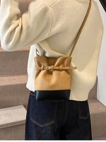 Vintage PU Wildleder Patchwork Beuteltasche Für Damen Minimalistische Mode Herbst Winter Umhängetasche Mit Verstellbarem Riemen