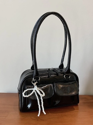 Vintage Patent Leather Boston Bag For Women Large Capacity Shoulder Handbag With Artificial Pearl Bow Pendant Double Pockets Pillow Bag