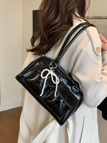Vintage Patent Leather Boston Bag For Women Large Capacity Shoulder Handbag With Artificial Pearl Bow Pendant Double Pockets Pillow Bag