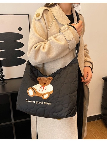 Women Large Capacity Nylon Quilted Crossbody Bag Cute Animal Embroidery Heart Pattern Padded Tote Bag For Daily Commute