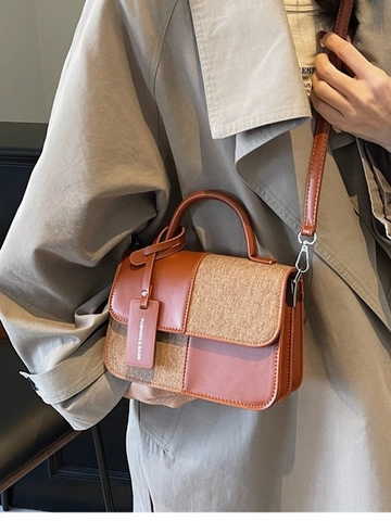 Women Crossbody Bag Patchwork PU Leather Fabric Small Square Handbag Magnetic Closure Vintage Daily Top Handle Bag
