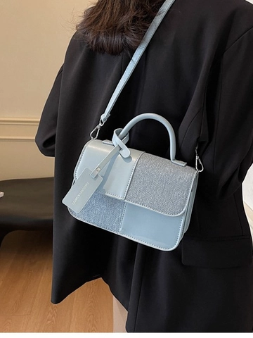 Women Crossbody Bag Patchwork PU Leather Fabric Small Square Handbag Magnetic Closure Vintage Daily Top Handle Bag
