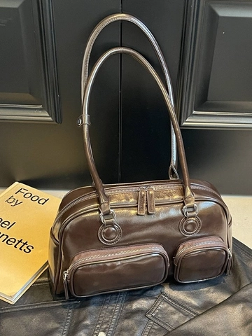 Damen Vintage Glänzendes PU Leder Schultertasche Große Kapazität Dual Front Reißverschlusstaschen Bowling Tote Mode Pendeln Unterarmtasche