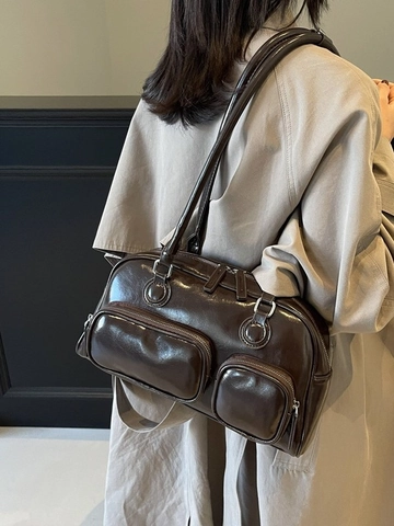 Damen Vintage Glänzendes PU Leder Schultertasche Große Kapazität Dual Front Reißverschlusstaschen Bowling Tote Mode Pendeln Unterarmtasche