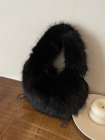 Women Faux Fur Dumpling Handbag Autumn Winter Plush Chain Shoulder Crossbody Bag Warm Fuzzy Hobo Purse Daily Party Tote