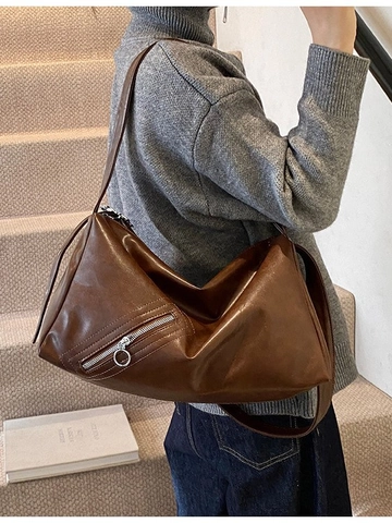 Bolso de Hombro Hobo de Cuero PU Retro para Mujer Gran Capacidad Con Correa Ajustable Hebilla de Flor Cremallera Lateral