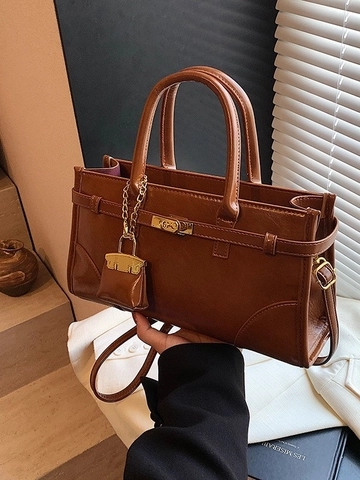 Dames Retro PU Lederen Handtas Grote Capaciteit Crossbody Tas Met Metalen Slot Hanger Mode Woon-Werkverkeer Tote Bag Voor Dagelijks