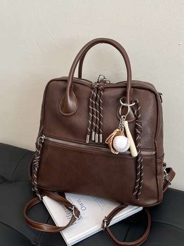Women Vintage Academic Style PU Leather Backpack Large Capacity Student Briefcase Handbag With Baseball Charm Daily Bag