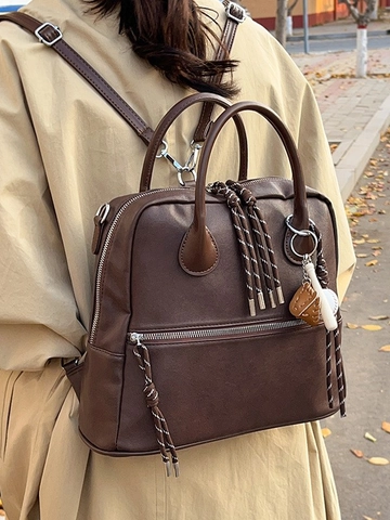 Women Vintage Academic Style PU Leather Backpack Large Capacity Student Briefcase Handbag With Baseball Charm Daily Bag