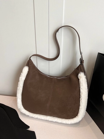 Bolso de Axila Hobo de Cuero PU Mate Vintage Con Borde de Piel Sintética Color en Contraste Mujer Otoño Invierno