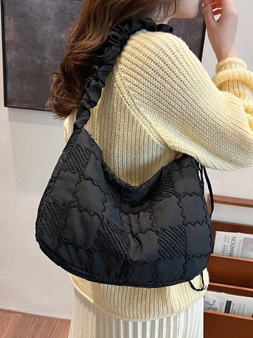 Fashion Women's Nylon Pleated Shoulder Bag Quilted Tote Handbag With Wave Embroidery Casual Hobo Bag For Daily Use