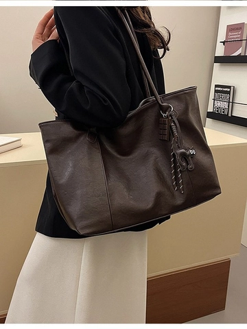 Large Capacity Tote Bag For Women Vintage PU Leather Shoulder Bag With Cartoon Cat Charm Solid Color Casual Commute Handbag