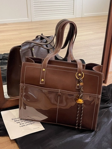 Large Capacity Women Tote Bag Retro Commute Shoulder Bag Patchwork PU Leather PVC Transparent Pocket Design Fashion Shopper Handbag