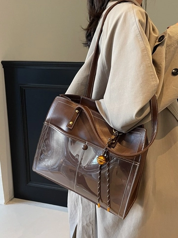 Large Capacity Women Tote Bag Retro Commute Shoulder Bag Patchwork PU Leather PVC Transparent Pocket Design Fashion Shopper Handbag