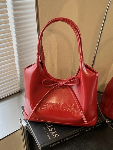Bolso de Hombro para Mujer de Cuero PU Brillante Tote de Gran Capacidad Con Lazo de Moda Bolso de Mano de Color Sólido