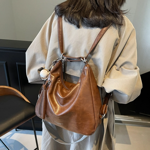 Women Retro Large Capacity Hobo Bag PU Leather Tote Shoulder Bag Multi Functional Backpack With Baseball Pendant