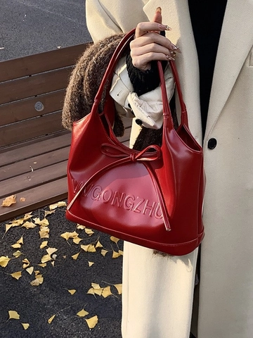 Bolso de Hombro para Mujer de Cuero PU Brillante Tote de Gran Capacidad Con Lazo de Moda Bolso de Mano de Color Sólido