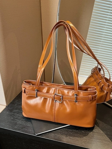 Bolso de Hombro de Axila de Cuero PU Vintage para Mujer Bolso Cuadrado Brillante Con Hebilla de Cinturón Color Sólido Bolso Diario