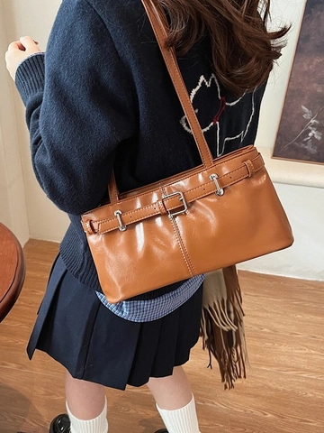 Bolso de Hombro de Axila de Cuero PU Vintage para Mujer Bolso Cuadrado Brillante Con Hebilla de Cinturón Color Sólido Bolso Diario