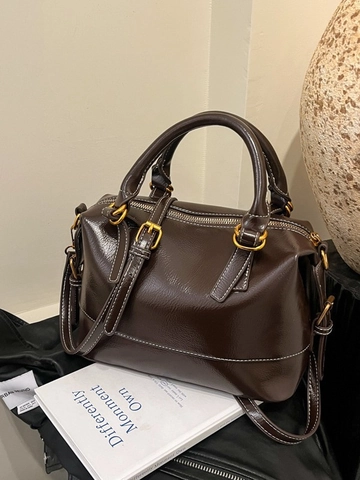 Vintage Glänzend PU Leder Boston Bag Damen Kontrastnähte Kissen Handtasche Goldene Hardware Crossbody Schultertasche Pendeln