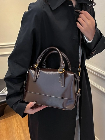 Vintage Glänzend PU Leder Boston Bag Damen Kontrastnähte Kissen Handtasche Goldene Hardware Crossbody Schultertasche Pendeln