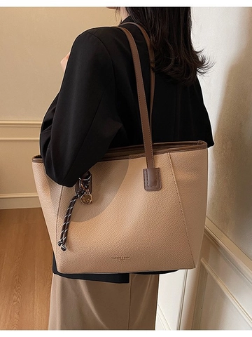 Damen Große Kapazität PU Leder Tragetasche Kieselmaserung Kontrast Design Vintage Pendeln Büro Umhängetasche Mit Anhänger