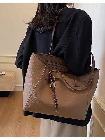 Damen Große Kapazität PU Leder Tragetasche Kieselmaserung Kontrast Design Vintage Pendeln Büro Umhängetasche Mit Anhänger