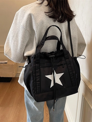 Sac Fourre-tout en Toile Nylon Grande Capacité pour Femme Motif Étoile Cordon de Serrage Bandoulière École Quotidien