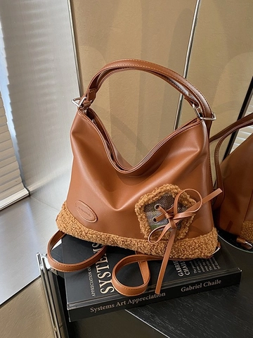 Mochila Casual de Cuero PU para Mujer Con Ribete de Lana de Cordero Gran Capacidad Estilo Coreano Invierno Bolso de Hombro