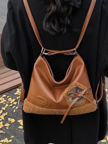 Mochila Casual de Cuero PU para Mujer Con Ribete de Lana de Cordero Gran Capacidad Estilo Coreano Invierno Bolso de Hombro