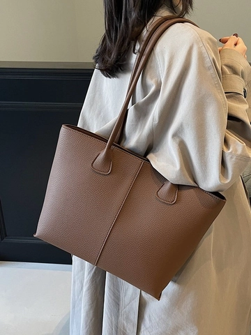 Bolso Tote de Gran Capacidad para Mujer de Cuero PU con Grano de Lichi Bolso de Hombro Retro Minimalista con Cremallera para Uso Diario