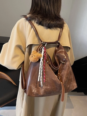 Large Capacity PU Leather Shoulder Bag For Women Vintage Distressed Stitching Tote Bag Casual Commute Travel Backpack With Bear Pendant