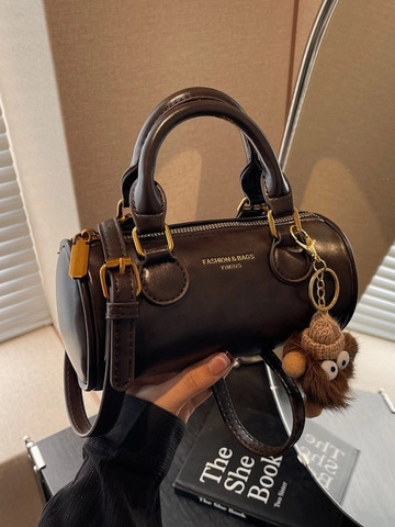 Borsa a Tracolla da Donna in Pelle PU Retro Cilindro Piccola Borsa a Mano Boston Con Ciondolo in Peluche Cerniera Hardware Oro