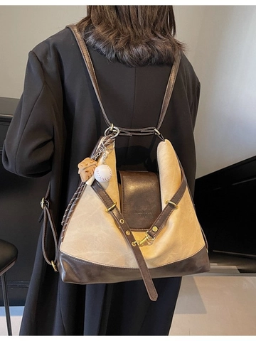 Borsa Tote Zaino Vintage Patchwork Donna Grande Capacità Multifunzionale Pelle PU Tela Borsa a Spalla Pendolare Con Ciondoli
