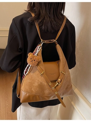 Large Capacity Women Suede PU Leather Tote Backpack Vintage Multi Functional Shoulder Bag With Bear Pendant
