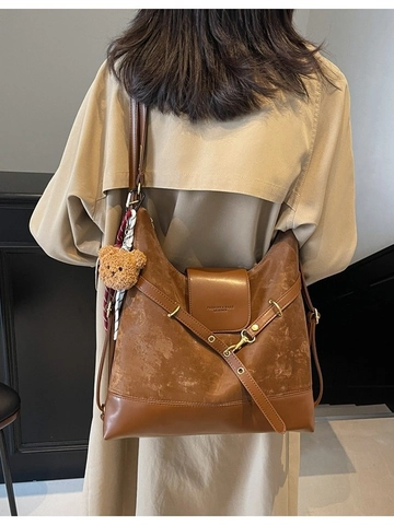 Large Capacity Women Suede PU Leather Tote Backpack Vintage Multi Functional Shoulder Bag With Bear Pendant