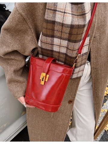 Bolso Bombonera de Cuero PU Vintage para Mujer Color Sólido Bolso de Bandoulière Con Cierre de Metal Para Diario Oficina