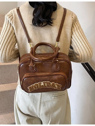 Mochila Bolso de Mano para Mujer Retro Maillard de Cuero PU Con Parche Letra Holiday Estilo Vintage Boston Bolso de Hombro