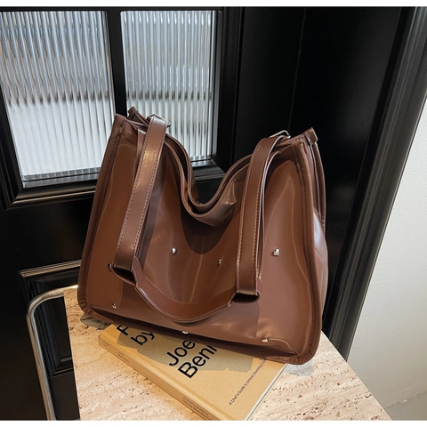 Koreanischer Stil Glänzend PU Leder Große Kapazität Einkaufstasche Herz Nieten Umhängetasche Damen Casual Fashion Handtasche