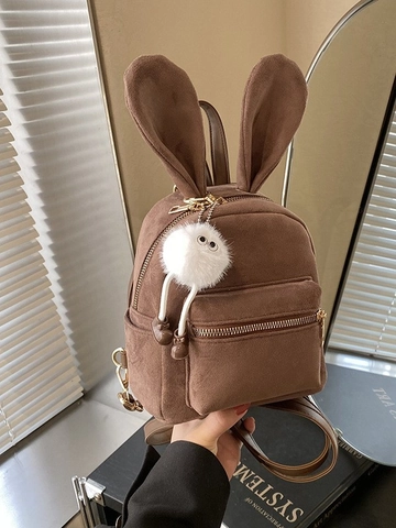 Women Mini Backpack Cute Rabbit Ears Faux Suede Frosted PU Small School Bag With Furry Ball Pendant Girls Fashion Daily