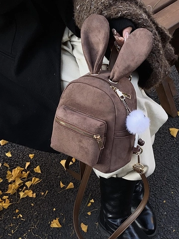 Women Mini Backpack Cute Rabbit Ears Faux Suede Frosted PU Small School Bag With Furry Ball Pendant Girls Fashion Daily
