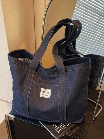 Grote Capaciteit Denim Tote Bag Voor Vrouwen Casual Schoudertas Katoen Canvas Forenzen Schooltas Met Label Patch