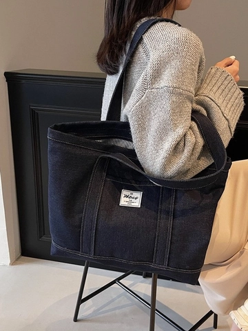Grote Capaciteit Denim Tote Bag Voor Vrouwen Casual Schoudertas Katoen Canvas Forenzen Schooltas Met Label Patch