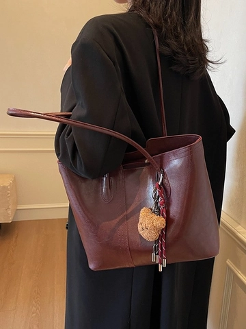 Women Vintage PU Leather Tote Bag Large Capacity Commuter Shoulder Bag With Bear Pendant Retro Top Handle Handbag Daily Bag