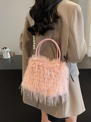 Luxury Faux Fur Bucket Bag With Artificial Pearls And Gold Chain Shoulder Strap Women Elegant Plush Handbag For Winter Party Evening Purse