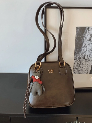 Vintage PU Leather Underarm Small Square Bag For Women Minimalist Shoulder Crossbody Bag With Metal Logo And Bear Pendant