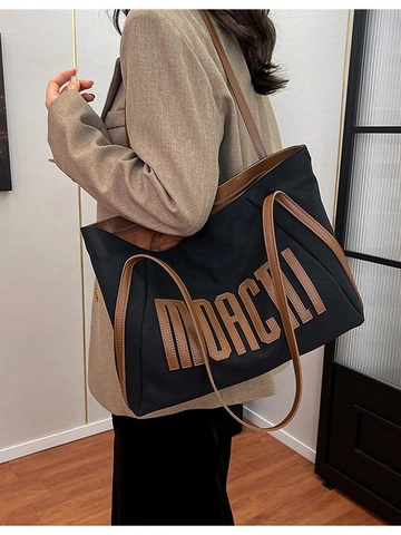 Dames Grote Capaciteit Canvas Tragetasche Vintage Letter Print Contrast Kleur Schoudertas Casual Commuter Handtas