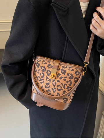 Leopardenmuster Beuteltasche Vintage Umhängetasche Für Damen PU Leder Kontrastfarbe Patchwork Kleine Schultertasche