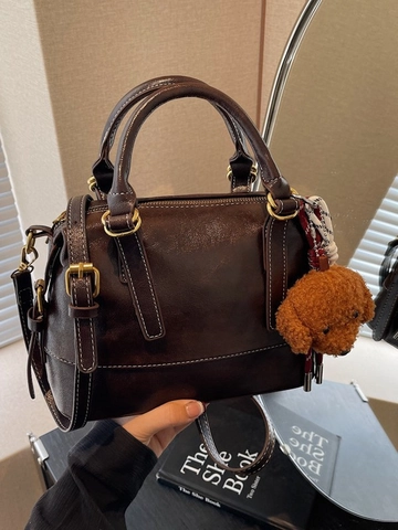 Borsa Boston Vintage in Pelle PU Con Ciondolo Orsetto Stile Coreano Borsa a Mano e Tracolla per Donna Lavoro Quotidiano